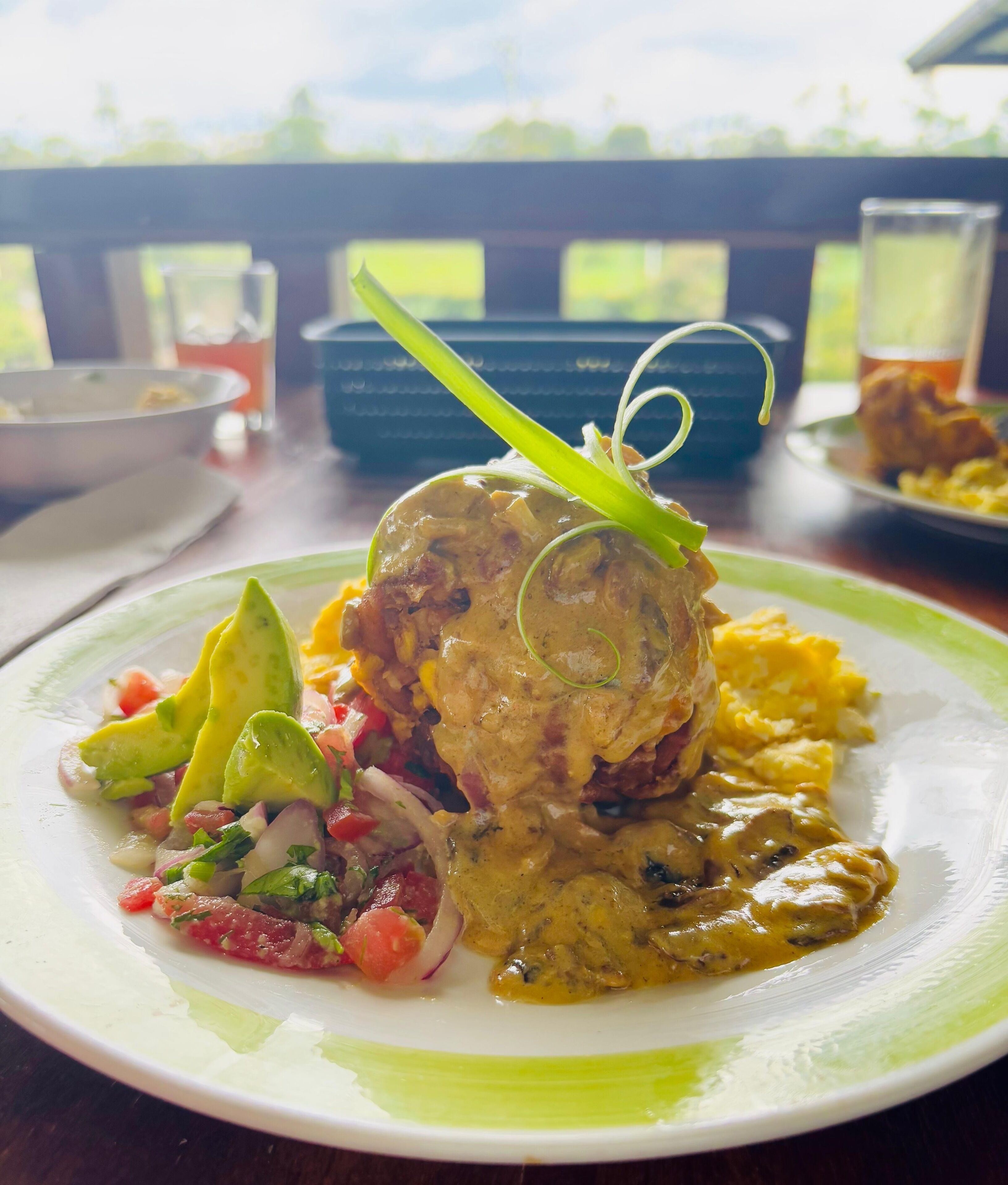 A plate of food with a creamy sauce, avocado, and a garnish on a white plate.