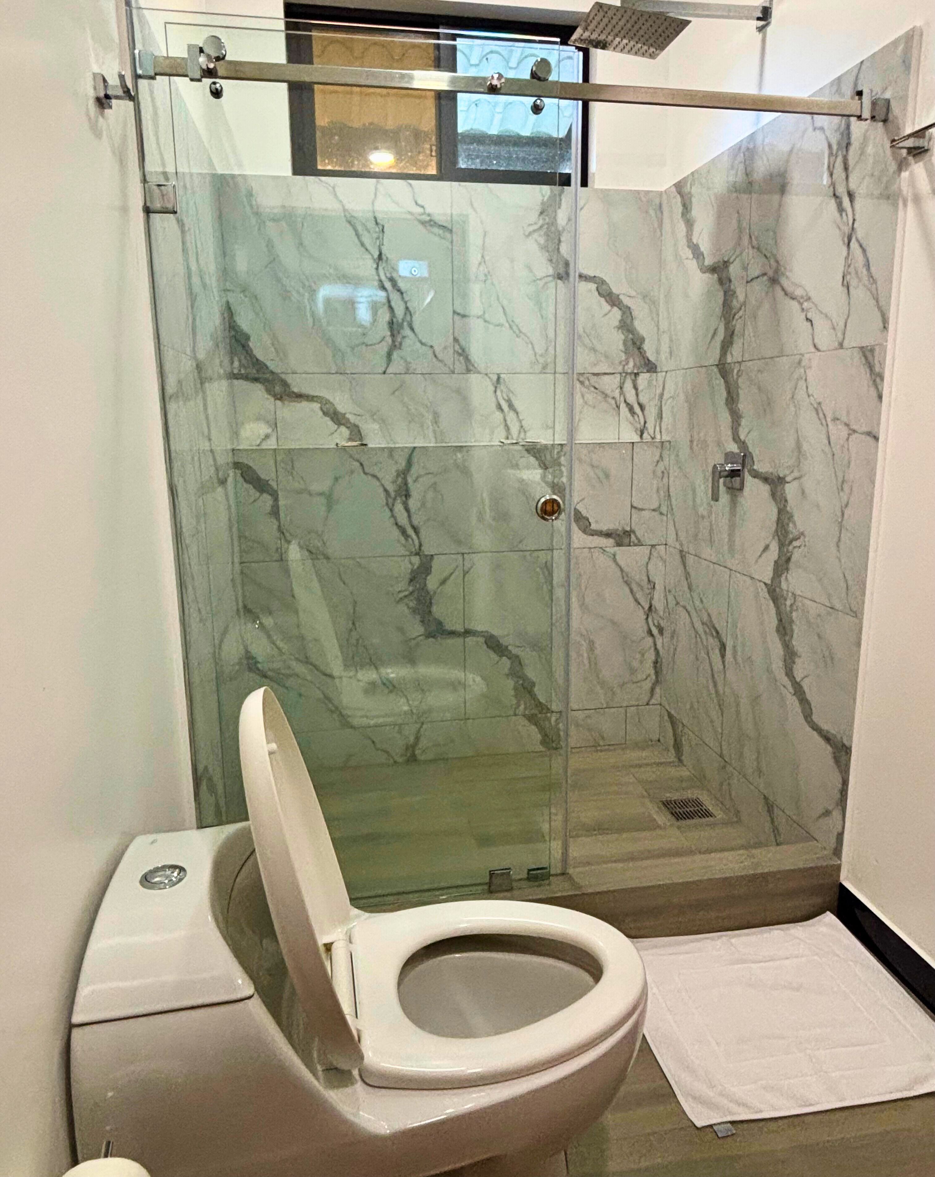 A bathroom with a glass-enclosed shower, a toilet, and a marble-tiled wall.