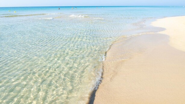 Une plage avec une eau claire et peu profonde et un rivage sablonneux.