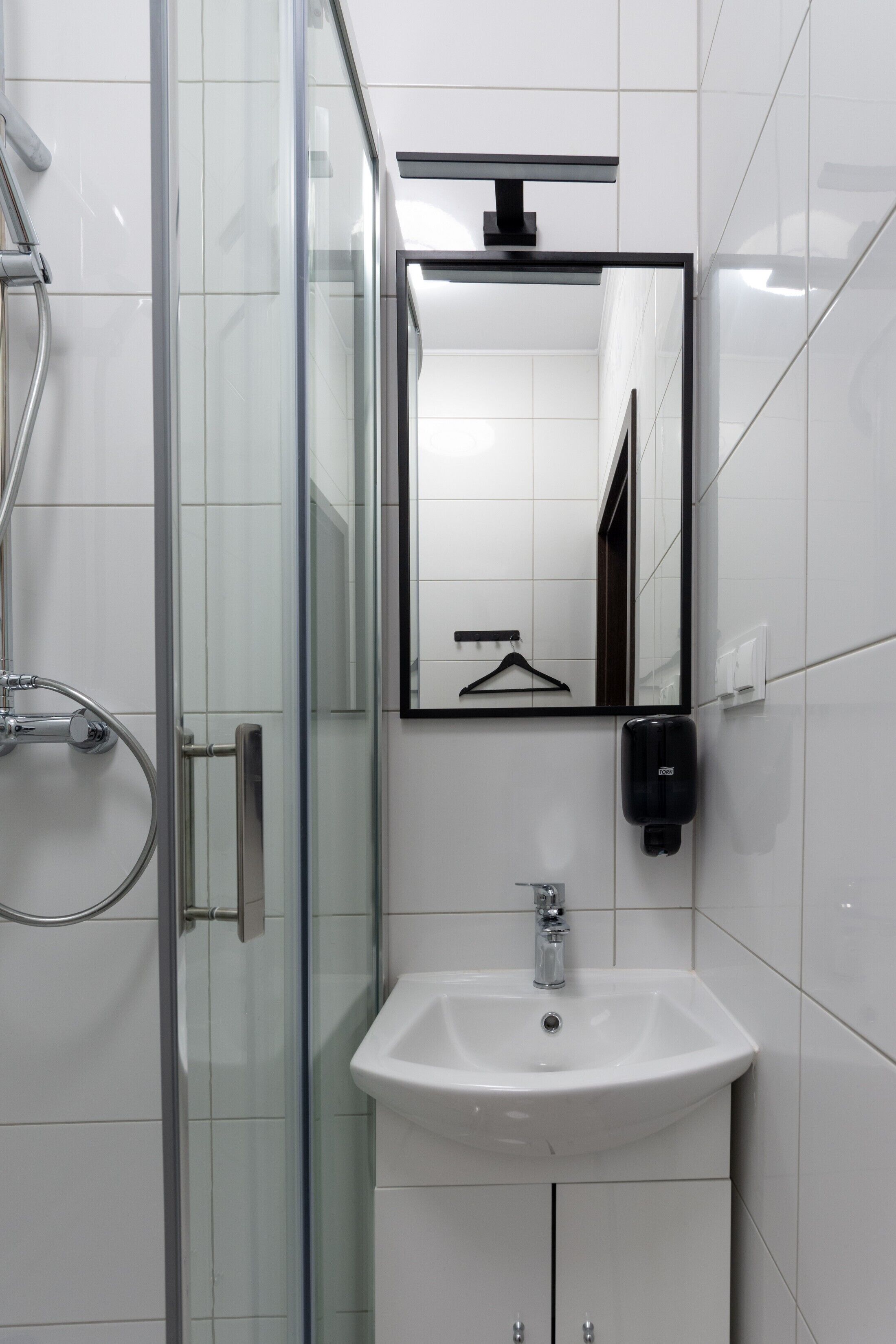 A modern bathroom with a glass shower enclosure, a white sink, and a mirror with a black frame.