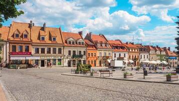 A cobblestone square with historic buildings, a central fountain, and outdoor seating areas.