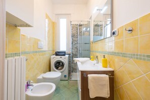 Shower, hair dryer, bidet, towels