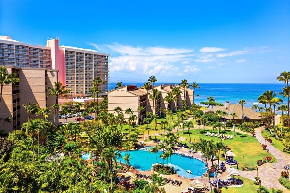 Un resort con una piscina grande, palmeras y vistas al océano.