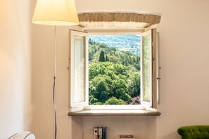 Une pièce avec une fenêtre donnant sur une zone boisée.