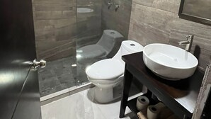 Un baño moderno con ducha envuelta en vidrio, un inodoro y un lavamanos doble.