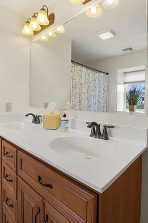 Hair dryer, towels, soap, shampoo