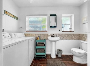 Hair dryer, towels, soap, toilet paper