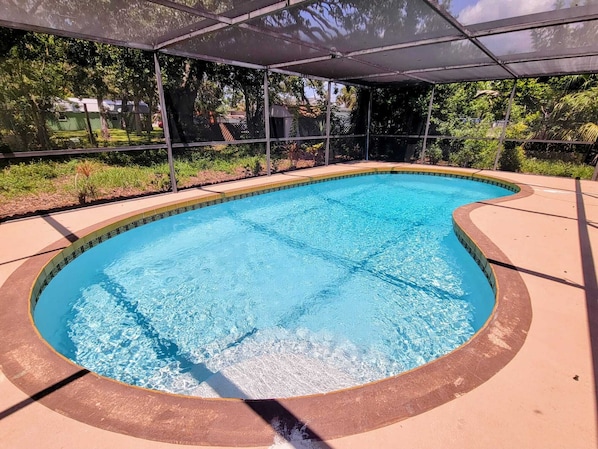 A swimming pool with a curved edge, surrounded by a covered area with a metal frame and a roof.