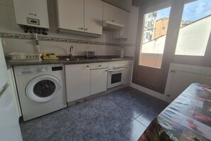Een kleine keuken met een wasmachine, een spoelbak en een fornuis.