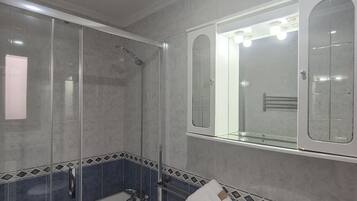 Shower, hair dryer, towels