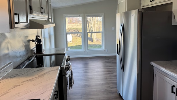 A kitchen with white cabinets, a stainless steel refrigerator, and a window with a view of trees. - Quiet. Relaxing. 4-bedroom House with AC, Jetted Tub and WiFi.  (Snover)