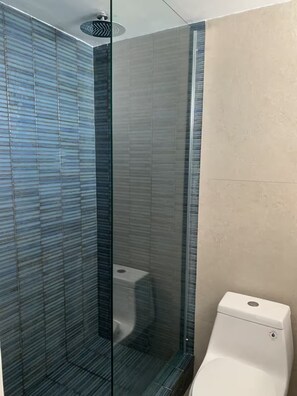 Een moderne badkamer met een douchecabine van glas, een toilet en een wastafel.