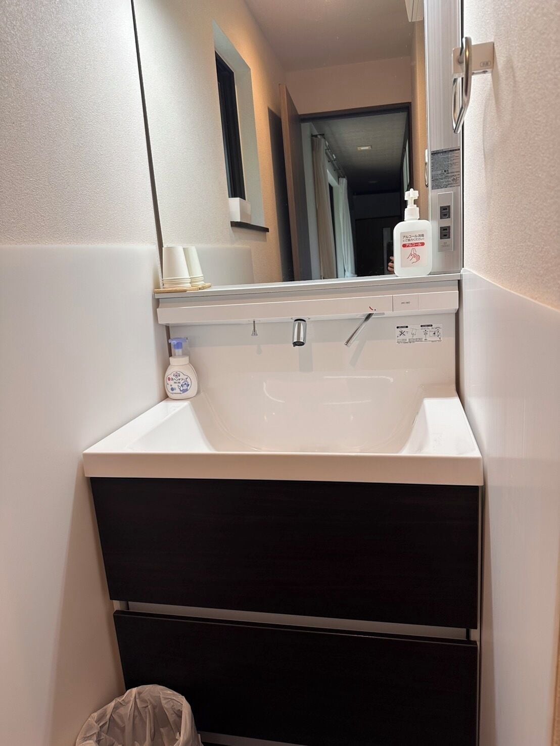 A small bathroom with a white sink, a mirror, a bottle of hand sanitizer, and a trash bin.
