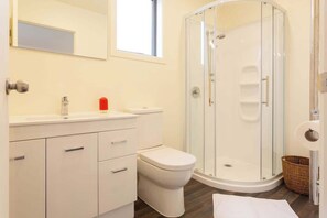 A modern bathroom with a glass-enclosed shower, a toilet, and a sink with a mirror above.