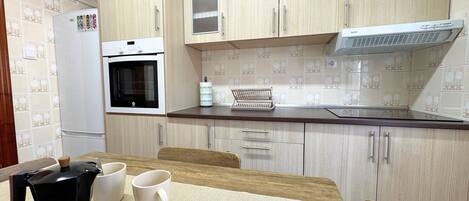 Fridge, microwave, oven, toaster