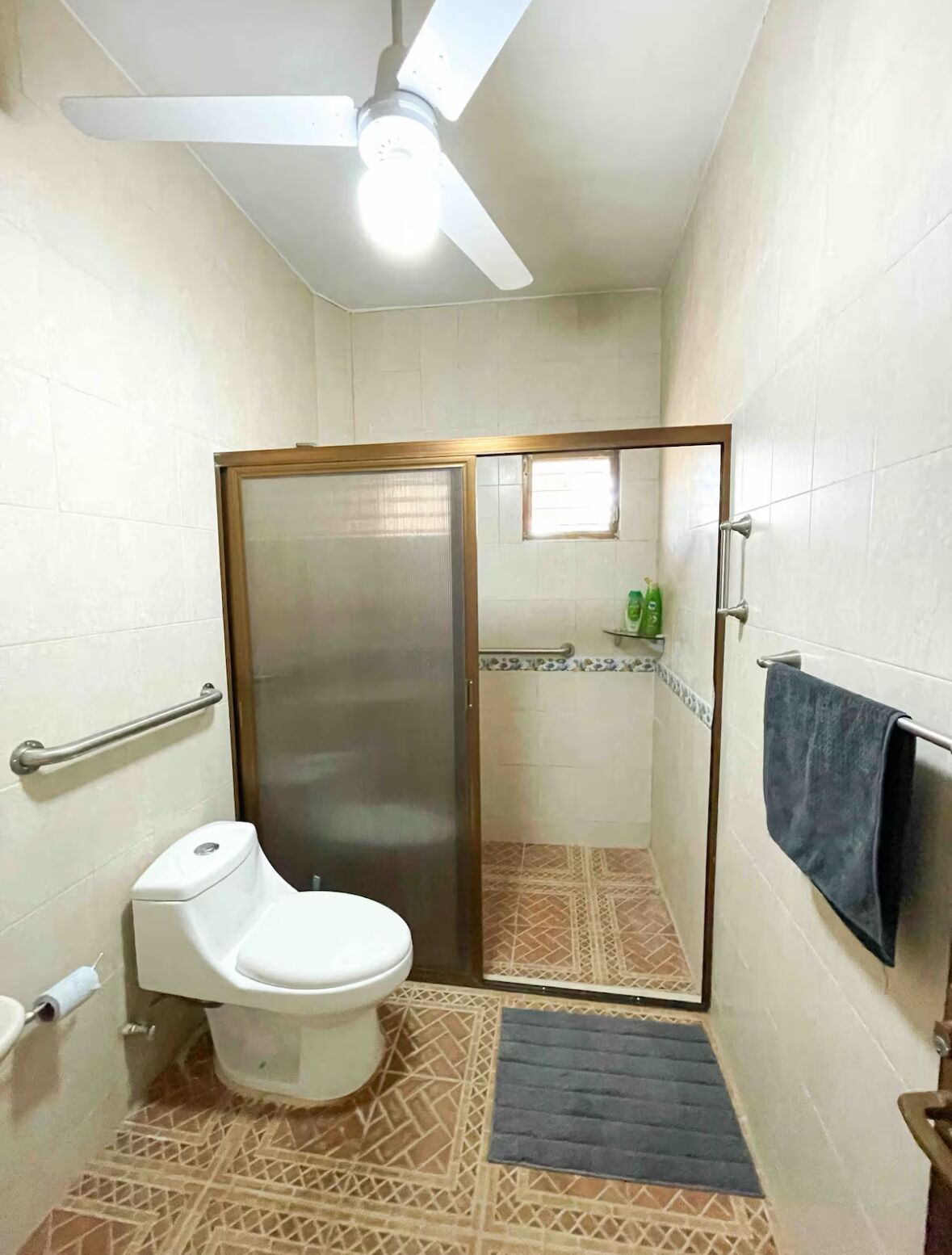 Een kleine badkamer met toilet, douche en plafondventilator.