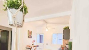 Una cocina moderna con una isla central, taburetes de bar y una maceta colgante.