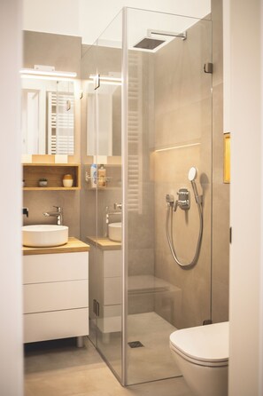 Hair dryer, towels, soap, shampoo