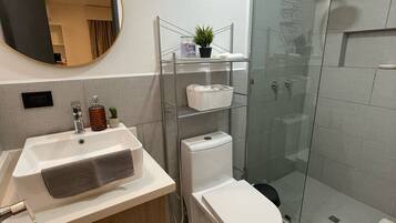 Shower, towels, soap, toilet paper