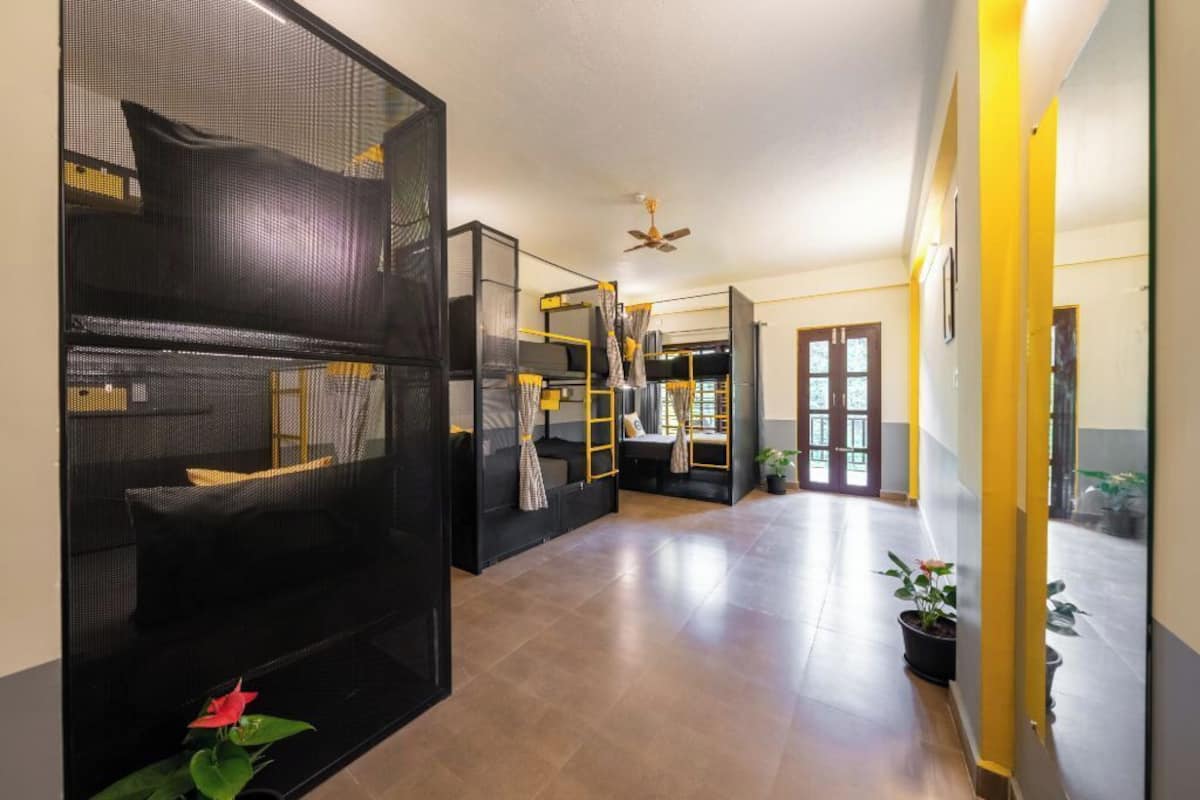 A hotel corridor with bunk beds, a ceiling fan, and potted plants.