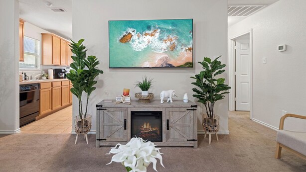 A living room with a fireplace, a large painting, and two potted plants. - Relax, Quiet, Clean, & 15min Away From Airport (Houston)