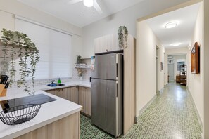 Fridge, microwave, coffee/tea maker, toaster