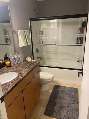 Hair dryer, towels, soap, toilet paper