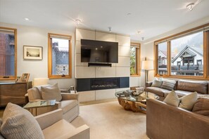 Télévision, cheminée, chaîne hi-fi