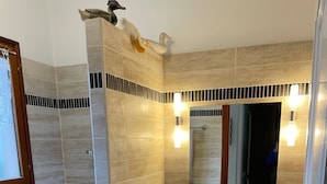 Ein Badezimmer mit bodenebenen Dusche, Waschbecken mit Spiegel und Handtuchhalter.