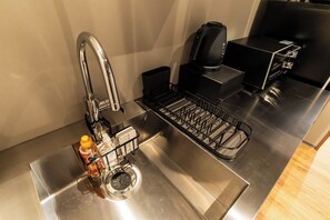 Fridge, microwave, cookware/dishes/utensils