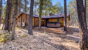 Une cabane dotée d’un bain à remous sur la véranda, entourée de grands arbres.