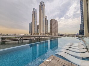 Ein modernes Hotel mit Pool, im Hintergrund hohe Gebäude und ein klarer Himmel.