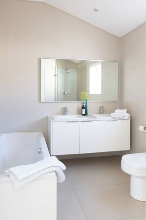 Hair dryer, towels, soap, toilet paper