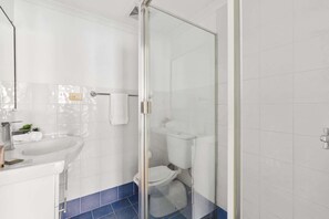 Shower, hair dryer, towels