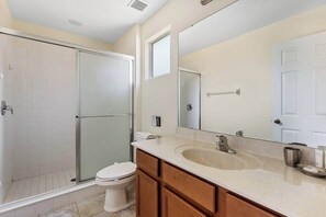 Shower, hair dryer, shampoo