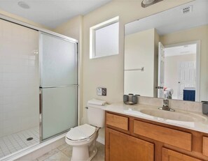 Shower, hair dryer, shampoo