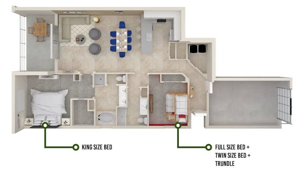 A floor plan of a hotel room with a king-size bed, a full-size bed with a twin-size bed and a trundle, a bathroom, a kitchen, and a dining area.