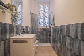 Shower, hair dryer, bidet, towels