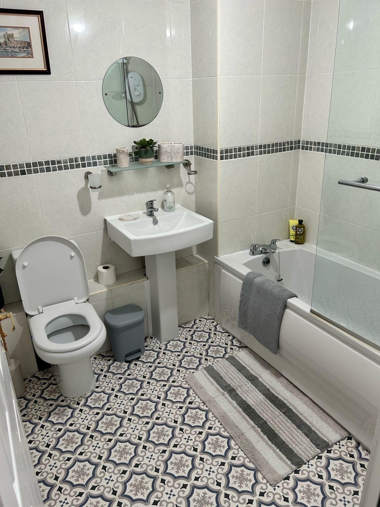 Hair dryer, towels, soap, toilet paper