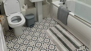 Hair dryer, towels, soap, toilet paper