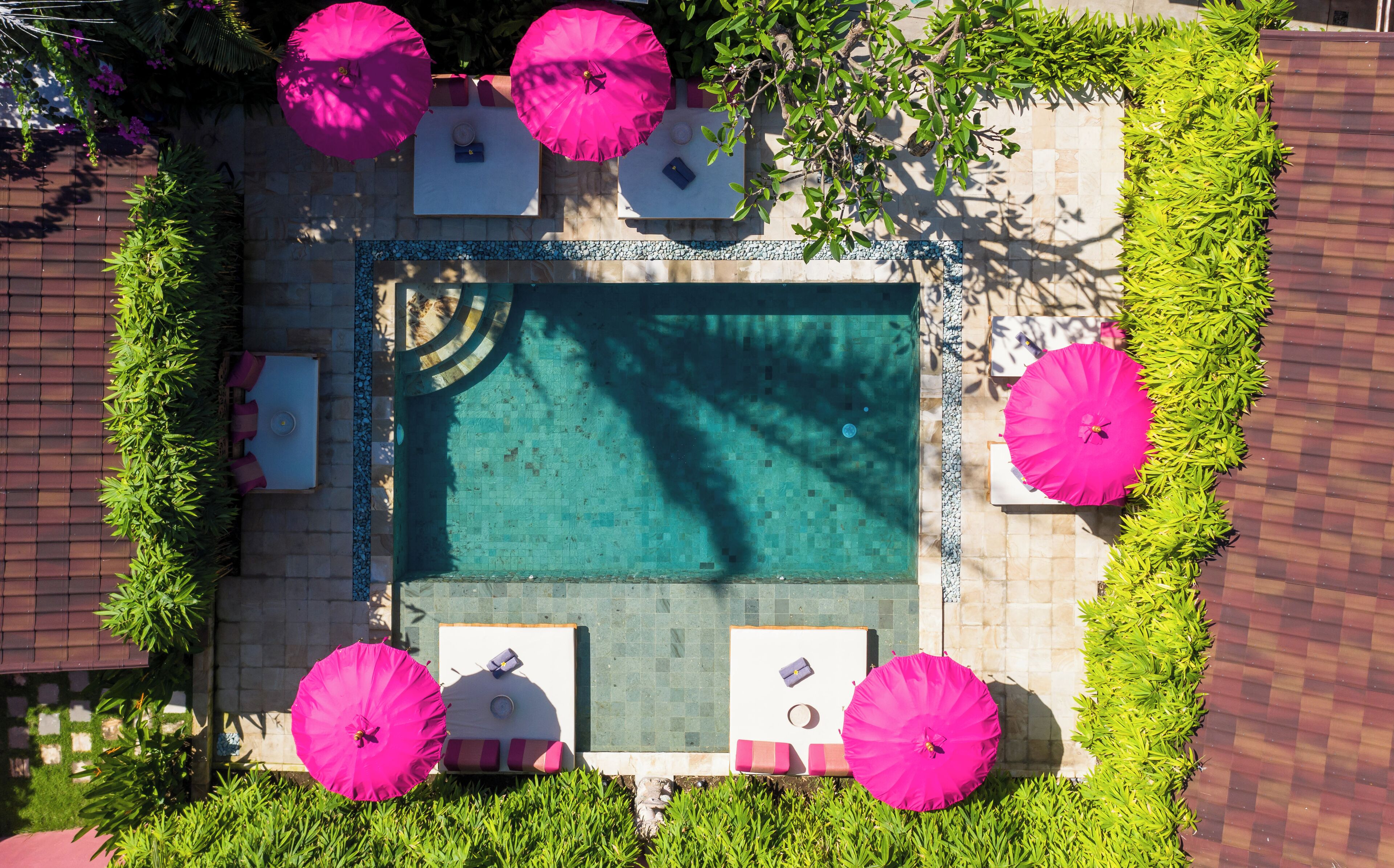 Vista aérea de una piscina rectangular rodeada de vegetación exuberante y sombrillas rosas.