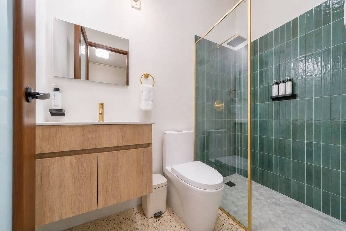 Habitación Deluxe doble | Baño | Ducha, artículos de higiene personal gratuitos y secador de pelo