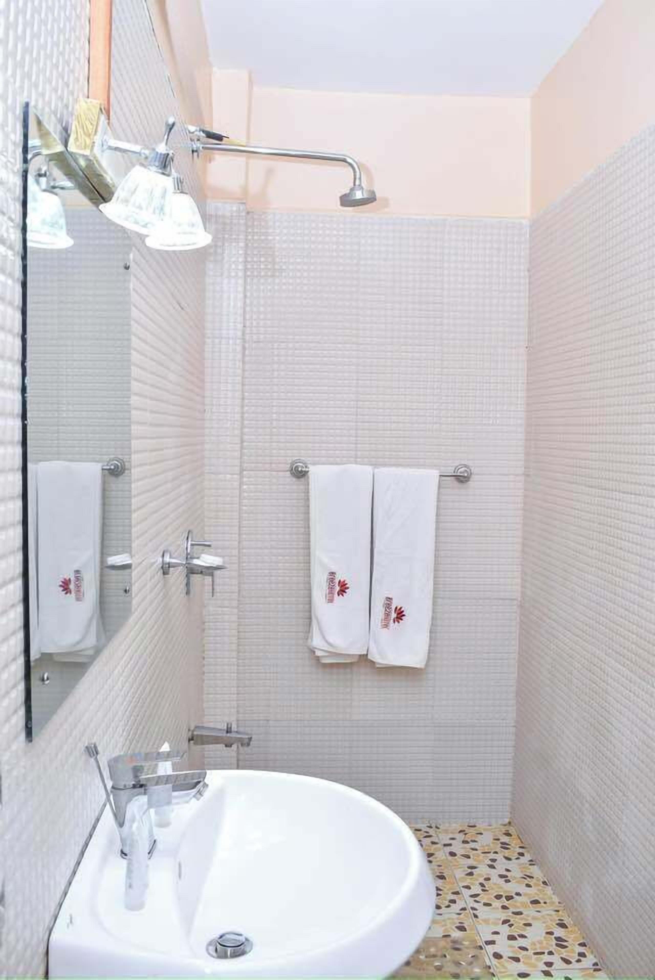 Une petite salle de bain carrelée, équipée d’un lavabo, d’un miroir et d’une douche.