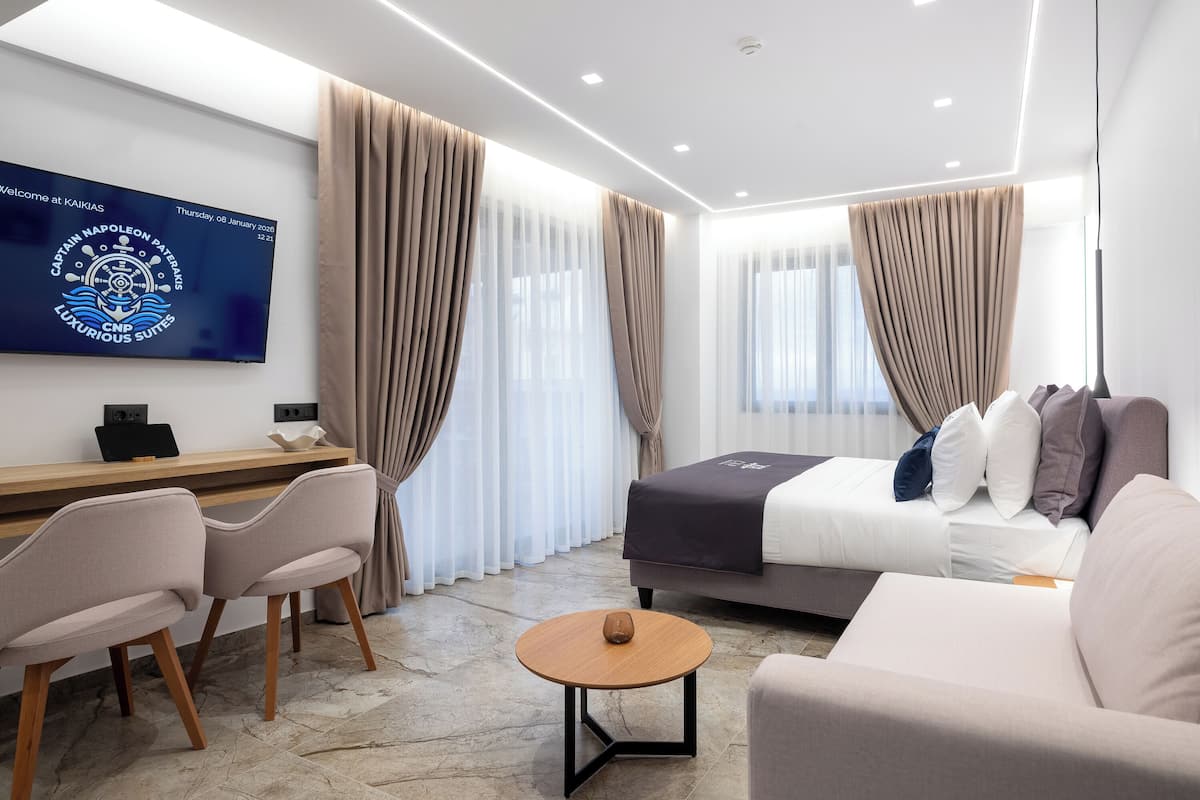 Une chambre d’hôtel moderne équipée d’un lit, d’un canapé, d’un bureau et d’une télévision.