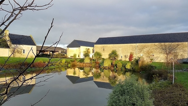 A serene courtyard with a pond reflecting buildings, surrounded by greenery and a clear sky. - Le Clos du Bas Courtil (Osmanville)