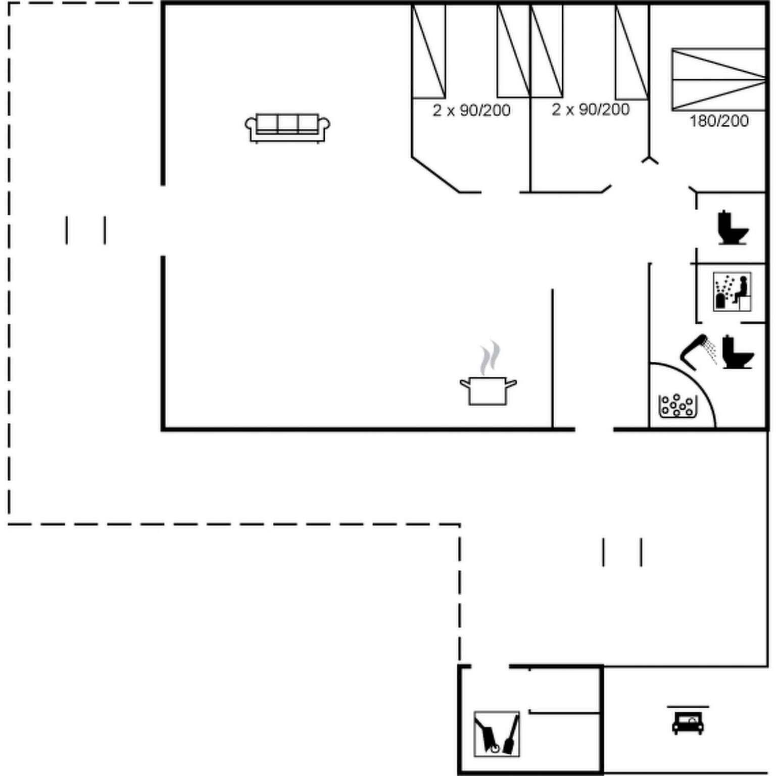 Plànol d'una habitació d'hotel amb un llit, taula petita, zona de dutxa i cuineta.