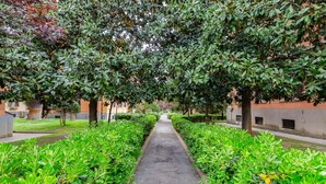 A pathway flanked by lush green hedges and trees, leading to a building with a modern architectural style. - Villa Riccio-Flaminio House (Roma)
