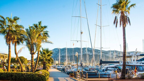 A marina with boats docked, palm trees, and a mountain in the background. - Apartment With air Conditioning, Parking and Wi-fi (Denia)