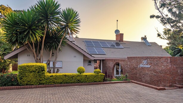 A house with solar panels, a brick wall, and a well-maintained garden.