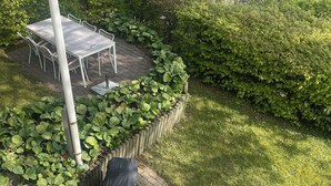 A paved patio area with a table and chairs, surrounded by lush green plants and a grassy area.